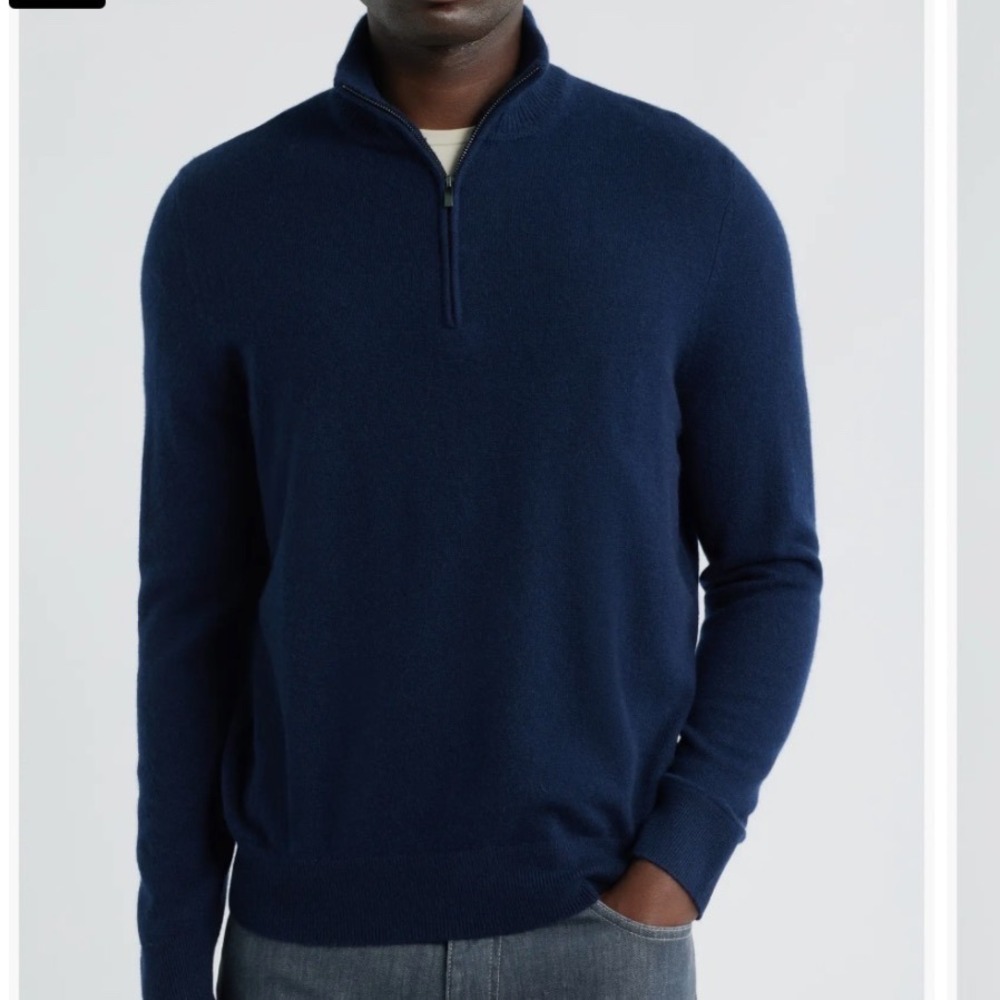 Nordstrom Mens 100% Cashmere Quarter Zip Sweater Navy Blue Large RN58665